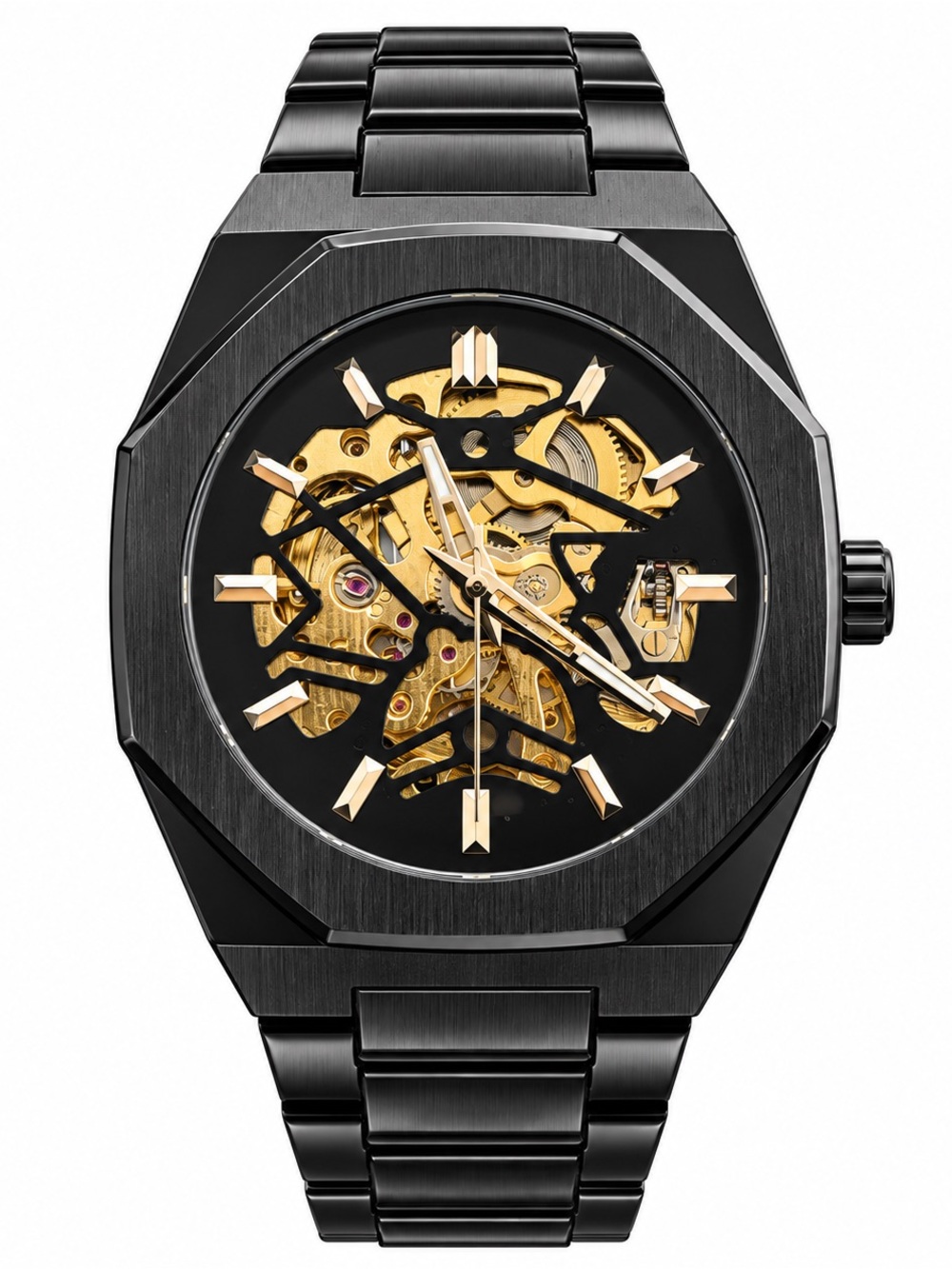 Black Gold Skeleton Automatic Watch Octagonal Metal Bracelet